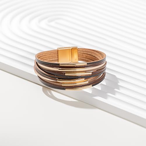 FANCY SHINY Boho Leather Bangle Bracelets Stackable Noodle Tube Bracelets Layered Wrap Cuff Bracelets with Magnetic Clasp - color: Brown