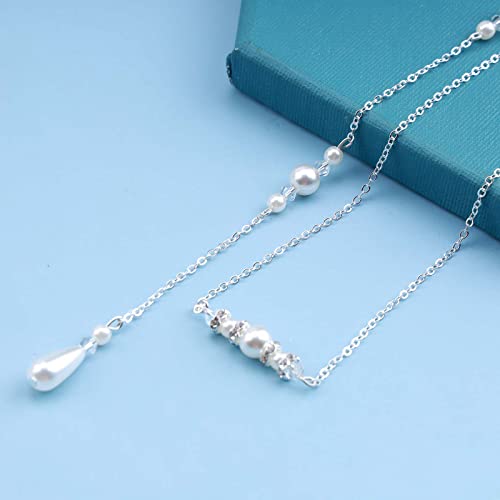 Boho Pearl Back Chain Necklace Silver Pearl Crystal Backdrop Necklace Body Chain Long Bridal Back Drop Chain Summer Beach Body Jewelry for Women