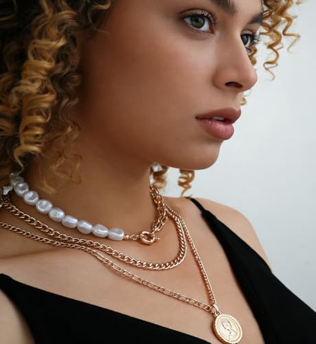 iF YOU Vintage Gold Layered Necklaces for Women Trendy, Chunky Cuban Link Paperclip Chains Necklace Stack, Coin Pendant Necklace Set Jewelry Gifts - style: 3-layer pearl necklaces