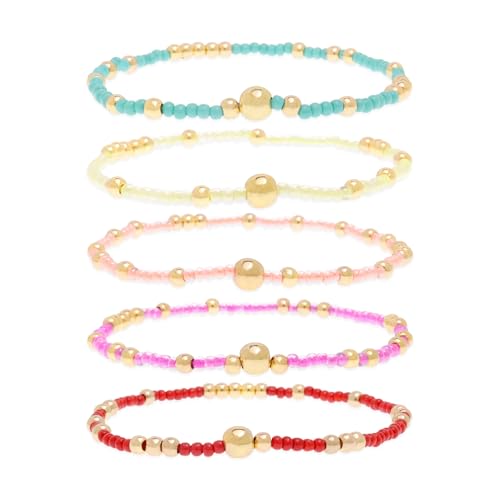 Gold Beaded Stackable Friendship Bracelets Set for Women, Handmade Boho Stretch Summer Jewelry Gift. - color: gold orange green red fuchsia yellow