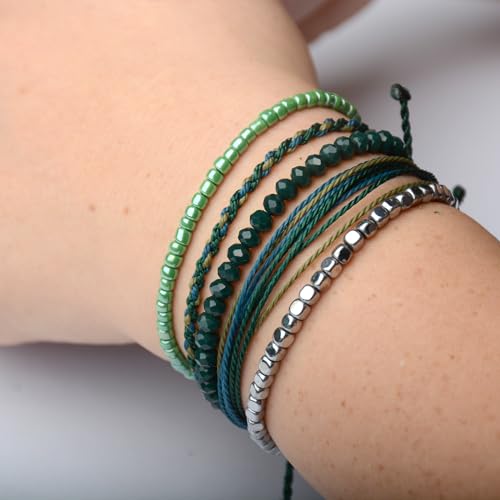 Mezcla Vida Handmade Waterproof Rope Bracelets Pack String & Beaded Bracelet Stack - Set of 5 Stackable Bracelets For Women, Summer Accessories & Bohemian Bracelets for Teen Girls - color: blackish green