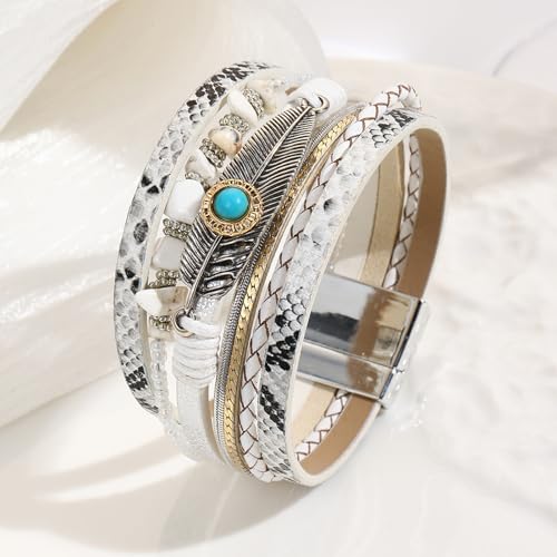 VIBILIA Boho Leather Wrap Bracelets for Women Men Multi-Layer Bracelets with Strong Clasp Western Jewelry - color: 09-Gravel Feather-White