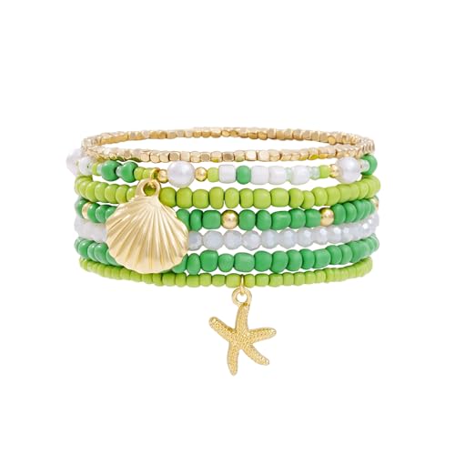 Shell Bracelet Seashell Boho Beaded Stretch Bracelets for Women Summer Beach Bracelets Starfish Charm Bracelet Stackable Gold Plated Bracelets Set for Women - color: e-green