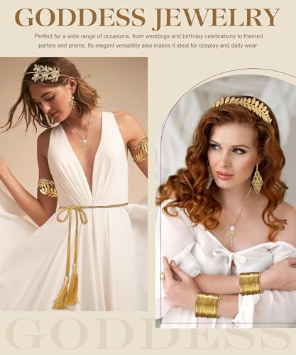 17 Pcs Greek Goddess Costume Accessories Set for Women Golden Leaf Headband Hair Clips Upper Earrings Arm Cuff Earrings Belt Toga Party Jewelry