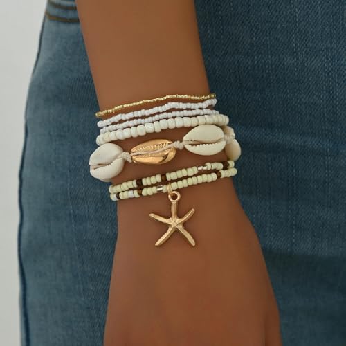 ZMANYIJEW Shell Ankle Bracelet Set for Women, Boho Pearl Adjustable Anklet,Beaded Layered Ankles Bracelets Shell Pendant Elastic Foot Chain Anklets for Women - style: 7pcs