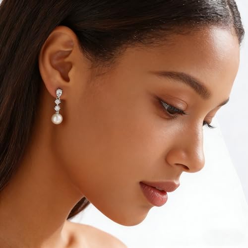 Pearl Earrings for Women Dainty Diamond Pearl Drop Earrings 14k Gold Plated Dangle Earrings for Women Weddings Gifts Bridesmaid Gifts - color: C-silver pearl earrings