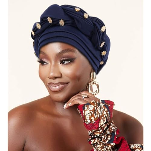 Woeoe Women African Turban Pre-Tied Twisted Beanie Cap Headwear Rhinestone Soft Stretchy Head Turbans - color: Navy Blue