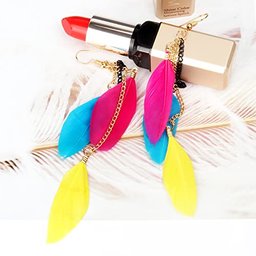 coadipress Boho Piercing Tassel Feather Long Chain Earrings Retro Lightweight Native Feather Dangle Drop Earrings for Women Bohemian Handmade Natural Feathers Earring Jewelry - color: Muticolor