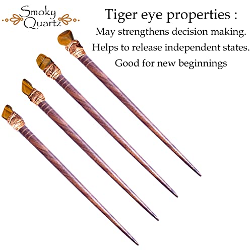 Natural Tumbled Healing Gemstone Crystal Wooden Hair Stick Handmade Gifts Boho Reiki by Smoky Quartz (Tiger Gold) - color: Tiger Gold