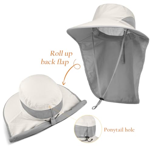 Womens Sun Hat Wide Brim UPF50+ Outdoor Sun Protection Ladies Fishing Hat with Neck Flap Detachable Face Cover - color: Beige