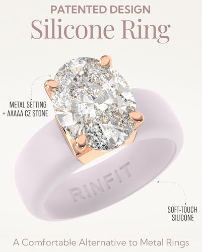 Rinfit Silicone Ring with Stone - Oval Cut Cubic Zirconia Solitaire Engagement Ring for Women - Rubber Wedding Bands - Patented Design - color: Pack D: Orchid Ice / Rose Gold