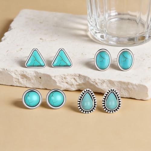 4 Pairs Western Turquoise Stud Earrings Set for Women, Bohemian Vintage Ear Studs (Oval, Round, Square), Statement Earrings Southwestern Cowgirl Jewelry Accessories Gifts