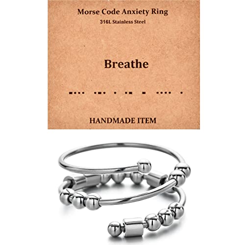 Morse Code Rings for Women, Stainless Steel Spinner Ring Fidget Rings for Anxiety Ring Morse Code Rings Inspirational Gifts Jewelry Women Birthday Graduation Gifts for Best Friends - style: 28 Breathe