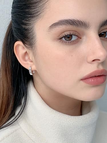 Small Hoop Earrings for Women Glitter Hoops Gold Plated with 925 Sterling Silver Post - style: Silver-square