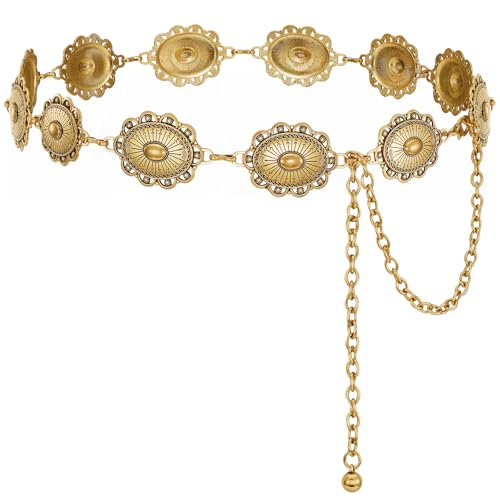 XZQTIVE Women Boho Chain Belts For Dresses Jeans Western Cowgirl Waist Links Belt Adjustable Metal Concho Belt - color: Matte Gold, size: Fit Waist up to 35 In