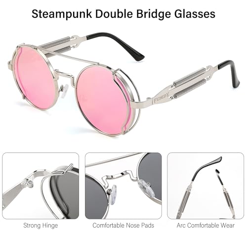 FEISEDY Aviator Sunglasses for Men Women, Retro Steampunk Gothic Round Metal Frame Hippie Glasses B2351 - color: Silver Frame With Pink and Silver Lenses
