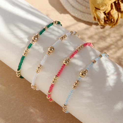 Gold Beaded Stackable Friendship Bracelets Set for Women, Handmade Boho Stretch Summer Jewelry Gift. - color: gold green pink white sky blue