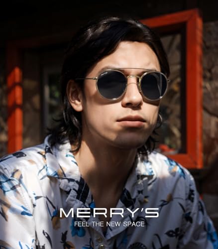 MERRY'S Retro Round Polarized Sunglasses - Unisex Double Bridge Sun Glasses - color: Tra Gray Frame/Gold Bridge/Black Lens