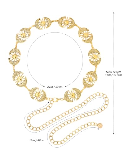AWAYTR Chain Belt for Women – Adjustable Boho Metal Waist Chain Belt Gold Sliver for Dresses Jeans Country Concert Outfit - color: Gold-sun & Moon