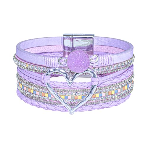 Leather Wrap Bracelet for Women, Boho Cuff Bracelet with Strong Clasp, Multi-Layer Crystal Leather Bracelet for Valentine Mother's Day - color: 01-Heart-Purple