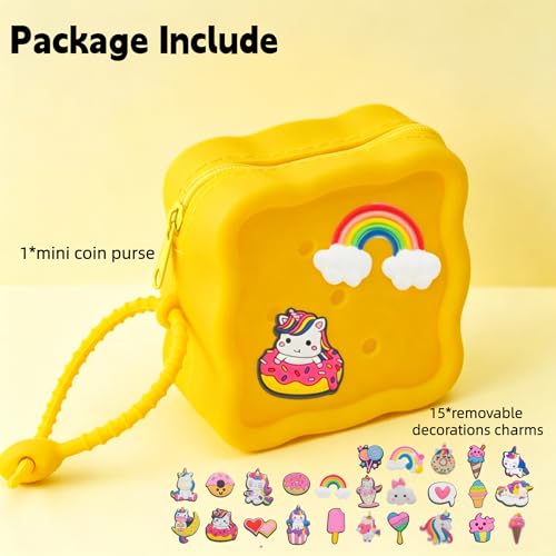 Soft Silicone Zipper Coin Purse Lovely Cartoon Hole Design Miniature Wallet Children's Storage Pouches Organizers For Kid with 25pcs DIY Charms (Yellow) - color: Yellow