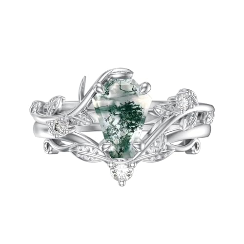 Natural Moss Agate Ring for Women 925 Sterling Silver Pear/Oval/Kite/Heart/Hexagon/Emerald/Coffin Cut Green Leaf Moss Agate Engagement Ring Promise Bridal Set Anniversary Birthday Jewelry Gifts - color: Coffin Cut Moss Agate