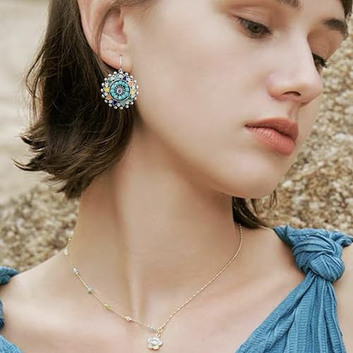 Bohemian Vintage Sliver Geometry Enamel Flower Lightweight Dangle Hoop Earrings Ethnic Handmade Circle Disc Teardrop Earrings For Women - color: Green