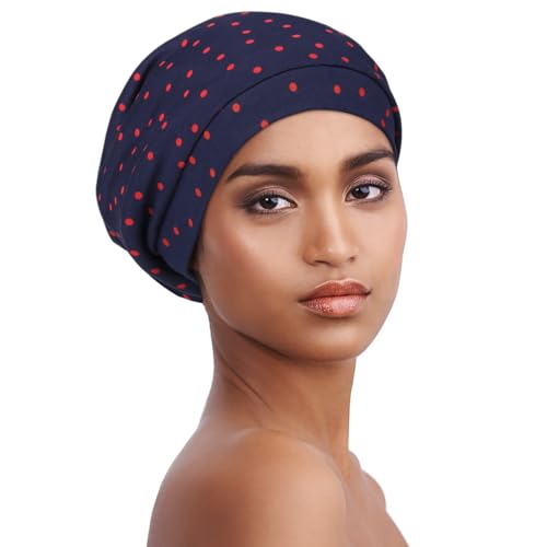 Alnorm Unisex Chic Cap for Natural, Curly Long Hair, Frizzy Hair, or Deadlocks - color: Navy Red Dots