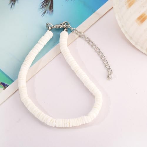 ATIMIGO Adjustable Nature Puka Shell Ankle Bracelet Cowrie Shell Anklet Handmade Boho Hawaiian Beach Surfer Seashell Braided Anklet Foot Jewelry for Women - color: white puka shell beads