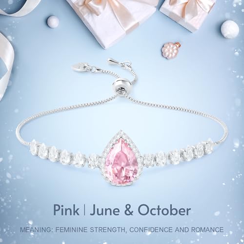 Linawe Crystal Imitation Diamond Rhinestone Charm Bracelets for Women, Gold/Silver/Rose Gold Adjustable Chain Bracelet, Teardrop Birthstone Cubic Zirconia Prom Costume Wedding Jewelry - color: Silver,June,Oct