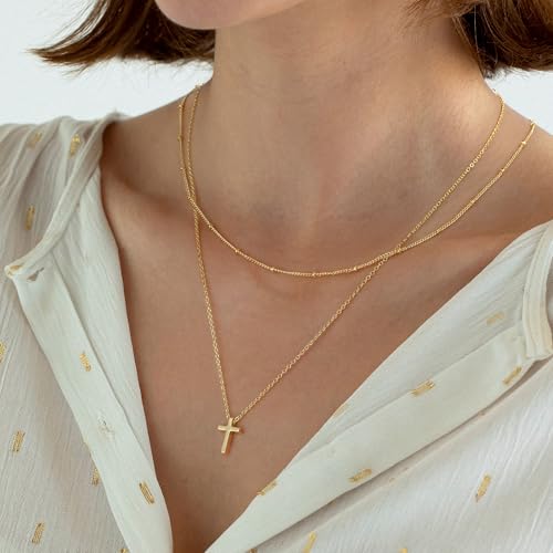 Turandoss Gold Cross Necklace for Women Girls Jewelry Gifts, Dainty 14K Gold Plated Cross Necklace Infinity CZ Holy Mary Medal Necklaces for Women Baptism Religious Faith Jewelry First Communion Gifts - color: layered beaded cross necklace
