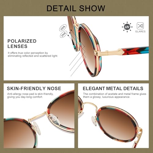 CARFIA Retro Round Sunglasses for Women Polarized UV Protection, Durable Acetate-Metal Frame Designer Eyewear CA1951 - color: 5. Red Floral Frame + Gradient Brown Lens