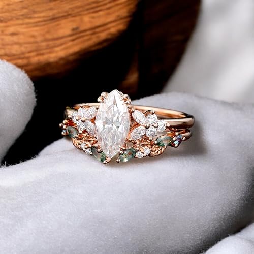 Vintage Marquise Moissanite Bridal Set Moss Agate Wedding Band, Rose Gold Leaf Cluster Shank Engagement Ring Set, Nature-Inspired Gift for Women, Bridal Jewelry