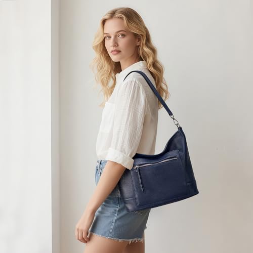 befen Genuine Leather Crossbody Hobo Purse for Women Soft Lightweight Leather Handbags with 2 Removable Straps - color: M-navy Blue