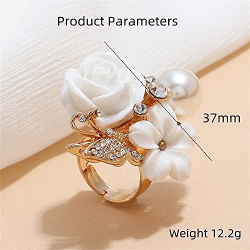 CZ Rose Flower Wedding Ring for Women Statement Engagement Round Rhinstone Crystal Aryclic Daisy Plumeria Adjustable Open Wrap Finger Rings Comfort Fit Cocktail Party Valentine Jewelry - color: White