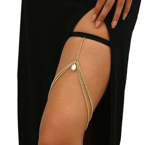 Simple Metal Layered Bead Leg Body Chain Jewelry,Multi-layered Pearl Tassel Thigh Chain Festival Rave Body Jewelry Bikini Thigh Body Chain for Women