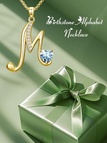 Birthday Gifts for Women 18k Gold Initial Necklaces for Women Simple Alphabets Letters with Birthstone Pendants Name Jewelry Anniversary Wedding Gifts for Sister Daughter Her (with Gift Box) - color: 03-Mar-Aquamarine, style: Letter M