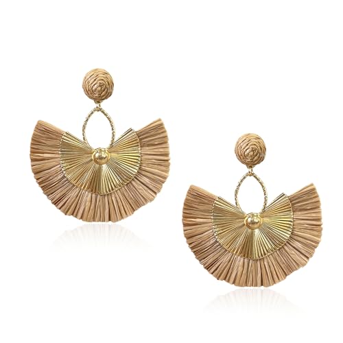 Anmpab Straw Fan Bohemian Tassel Earrings for Women Trendy Colorful Fringe Summer Beach Statement Earrings - color: Brown