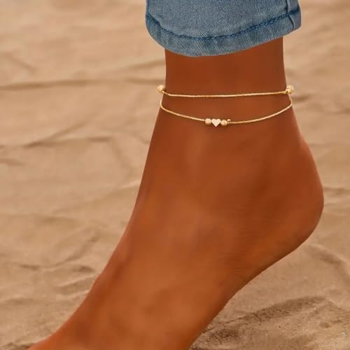 Fesciory Women Heart Anklet Adjustable Beach Layered Ankle Bracelets for Women Gold Alloy Foot Chain Jewelry - color: 3 Hearts(Gold)