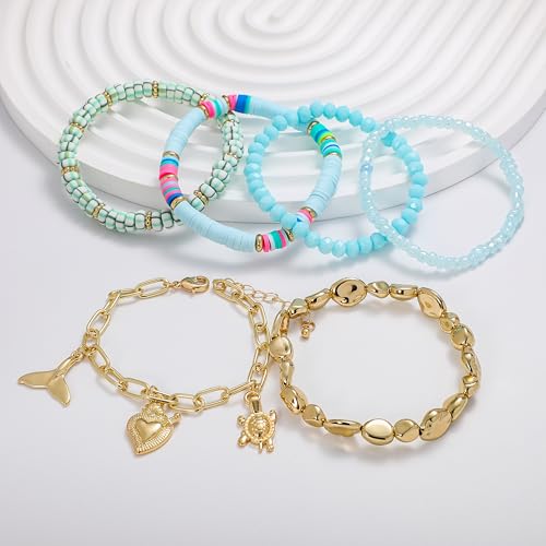 Shell Bracelet Seashell Boho Beaded Stretch Bracelets for Women Summer Beach Bracelets Starfish Charm Bracelet Stackable Gold Plated Bracelets Set for Women - color: h-blue