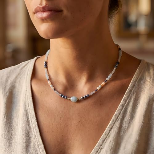 Harlermoon Beaded Necklace for Women, 18K Gold Plated Stainless Steel Natural Stone Crystal Boho Choker, Waterproof Hypoallergenic Jewelry Gift