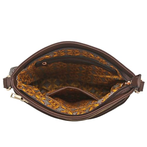 ALYSSA Triple Zip Pocket Large Crossbody Bag - color: Coffee