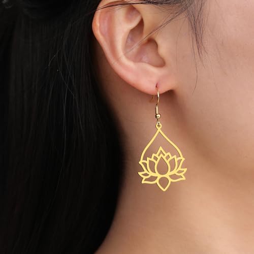 TEAMER Stainless Steel Lotus Flower Dangle Earrings Bohemian Drop Earring Unique Geometric Jewelry for Women - color: Lotus 7-Gold