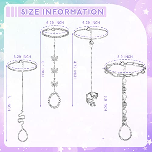 Fumete 6 pcs Finger Ring Bracelet Linked Rhinestone Hand Harness Chain Slave Bracelet with Ring Everyday Jewelry for Women - color: Silver, style: Classic