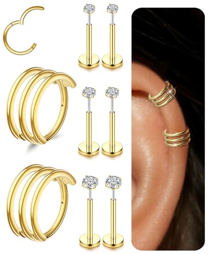Small Cartilage Double/Triple-Hoop Helix Conch Piercing Earrings With Cubic Zirconia For Women Trendy 14K Gold Plated Titanium Surgical Stainless Steel Sets Nose Rings Hoops Septum Rings - color: 14K Gold, style: E-4Pairs-16Gauge-Triple hoop