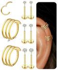 Small Cartilage Double/Triple-Hoop Helix Conch Piercing Earrings With Cubic Zirconia For Women Trendy 14K Gold Plated Titanium Surgical Stainless Steel Sets Nose Rings Hoops Septum Rings - color: 14K Gold, style: E-4Pairs-16Gauge-Triple hoop