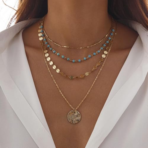 Gold Stack Necklace Chunky Necklaces for Women Trendy Coin Pendant Long Necklaces Western Jewelry for Women Cowgirl Cowboy Chic Country Outfit Boho Accessories Birthday Jewelry Gifts - color: C2