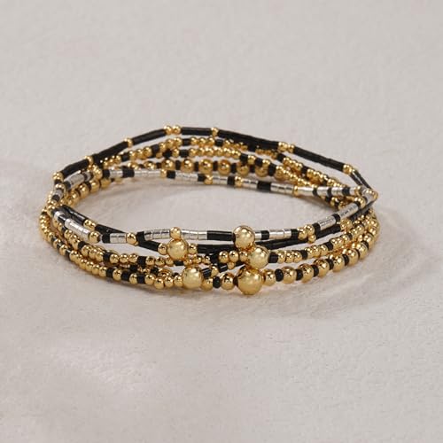 14K Gold Plated Beaded Bracelets Stack Set for Women,Stretch Boho Colorful Beads Ball Jewelry Friendship Summer Trendy - color: Gold Black Beaded