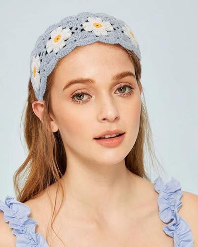 HAIMEIKANG Hippie Hair Bandanas Headbands for Women Boho Headband Knit Hair Bands Floral Head Wrap for Girls(Beige+Blue+Pink) - color: Beige+Blue+Pink