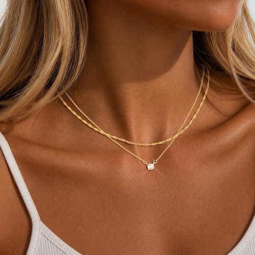 Layered Gold Necklace for Women Trendy 14K Gold Plated Heart CZ Pendant Layered Gold Necklaces Set Coin Choker Necklaces Simple Circle Cubic Zirconia Pearl Necklace Stack Herringbone Paperclip Chain Jewelry Set - style: 2PCS-Twisted rope zircon-GD